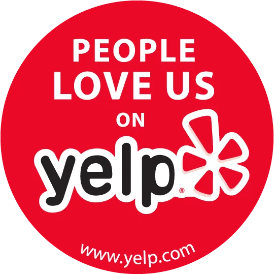 Circular badge with 'People Love Us on Yelp' text and Yelp logo.